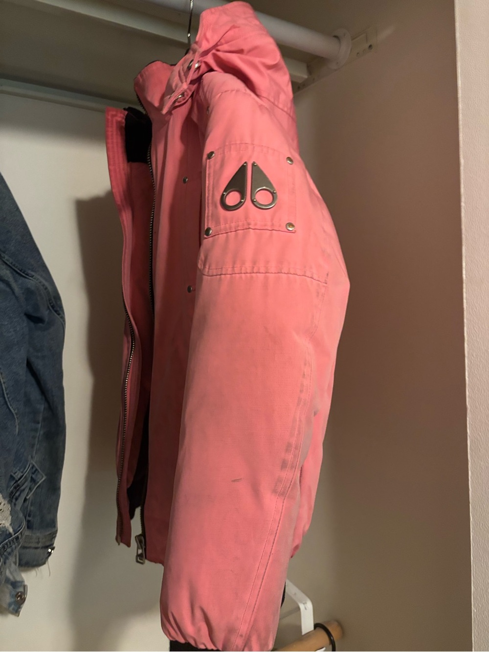 Moose Knuckles Coral Pink Hooded Bomber Jacket